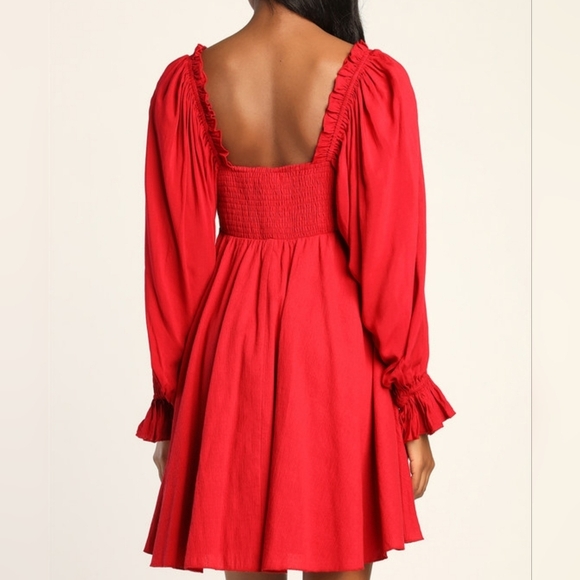 Lulus Make The Call Red Button-Up Long Sleeve Square Neck w Pockets Mini Dress S - Picture 5 of 15